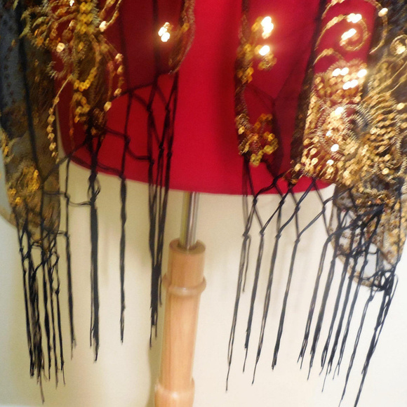 Shawl Sequin Lace Black Gold Sheer Long Fringe Special Occasion Evening Wrap - Picture 4 of 5